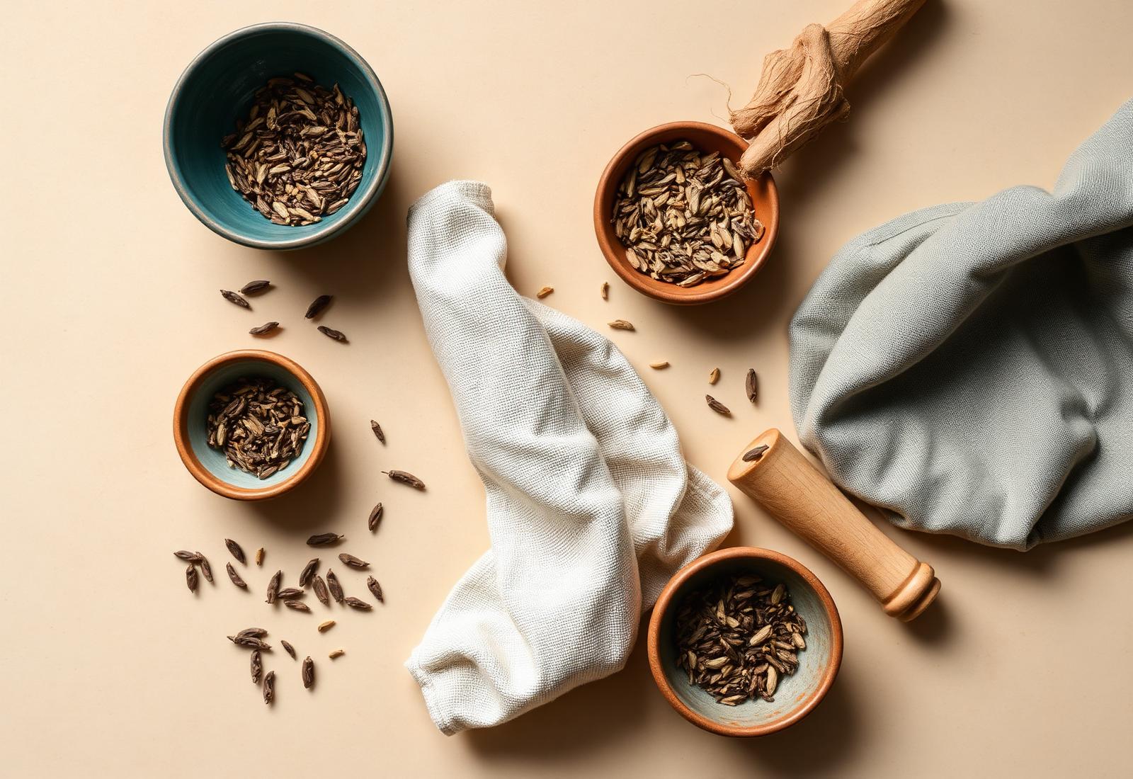 Chinese herbs and ceramic bowls flat lay